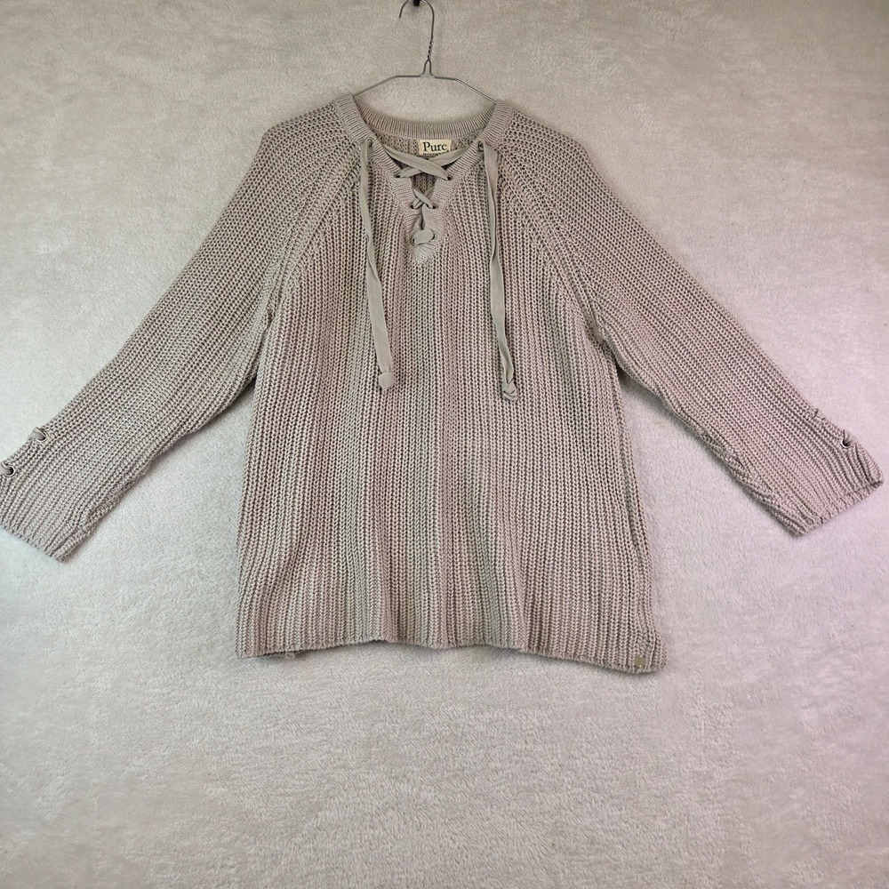Pure Handknit Tan Cotton Lace Up V-Neck Sweater Grommet Cuff Medium